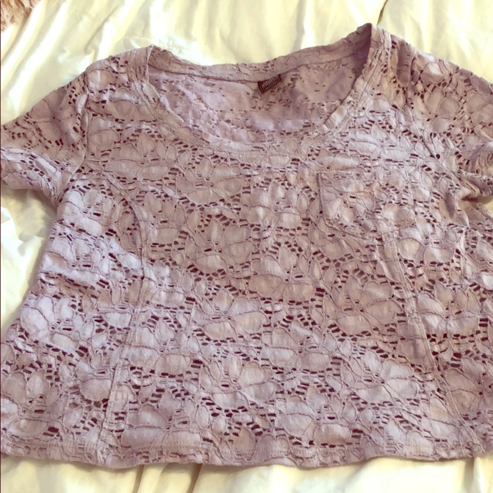 Free People lavender lace crop top cap sleeve tee